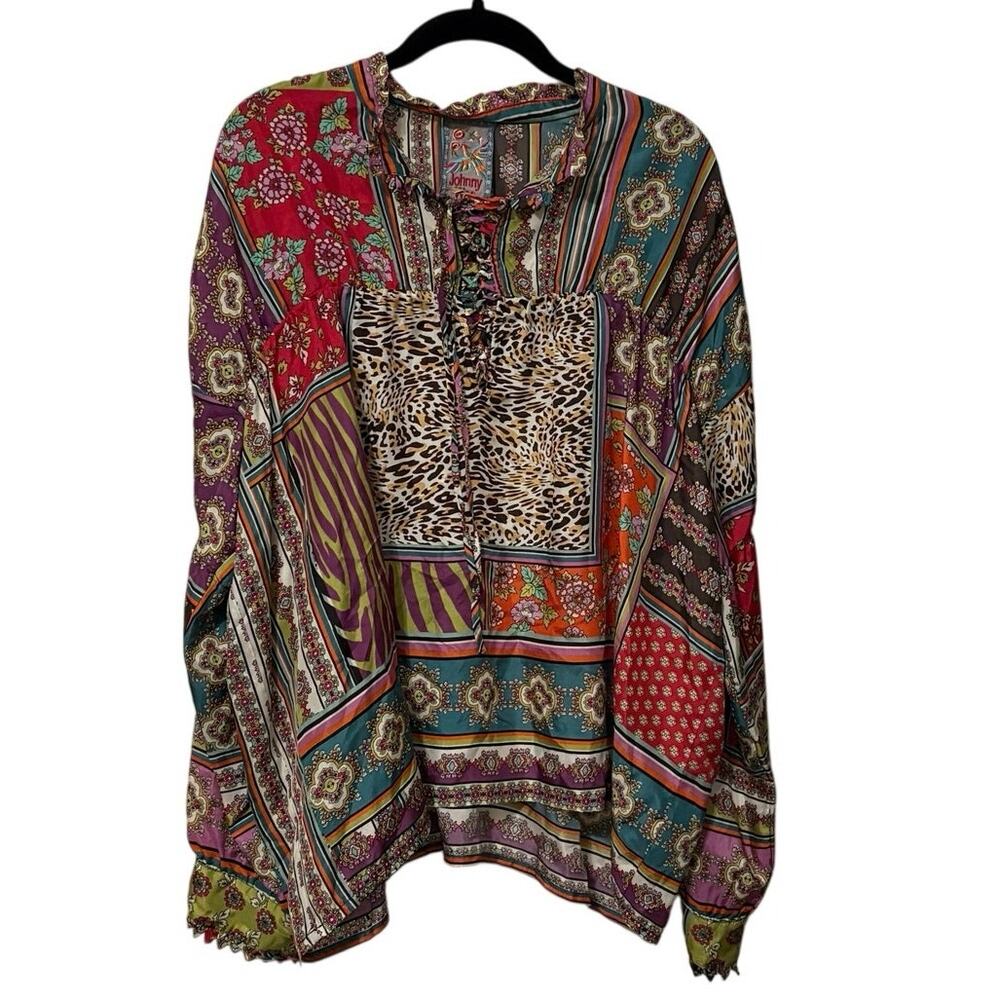 Johnny Was 100% Silk Multi Color Patch Work Shirt Blouse Size Medium